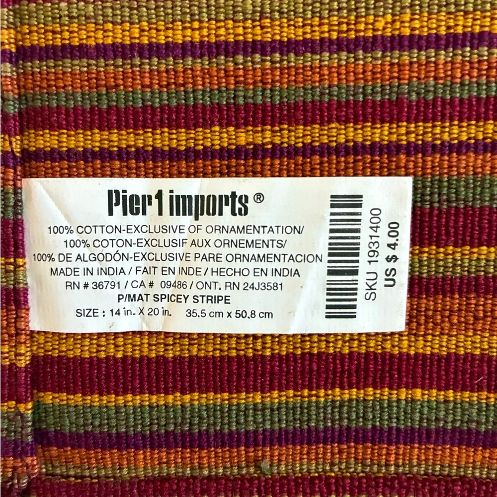 Pier 1 Imports Spicey Stripe Placemat 14” x 20” Fall Holiday Multicolor Set of 4